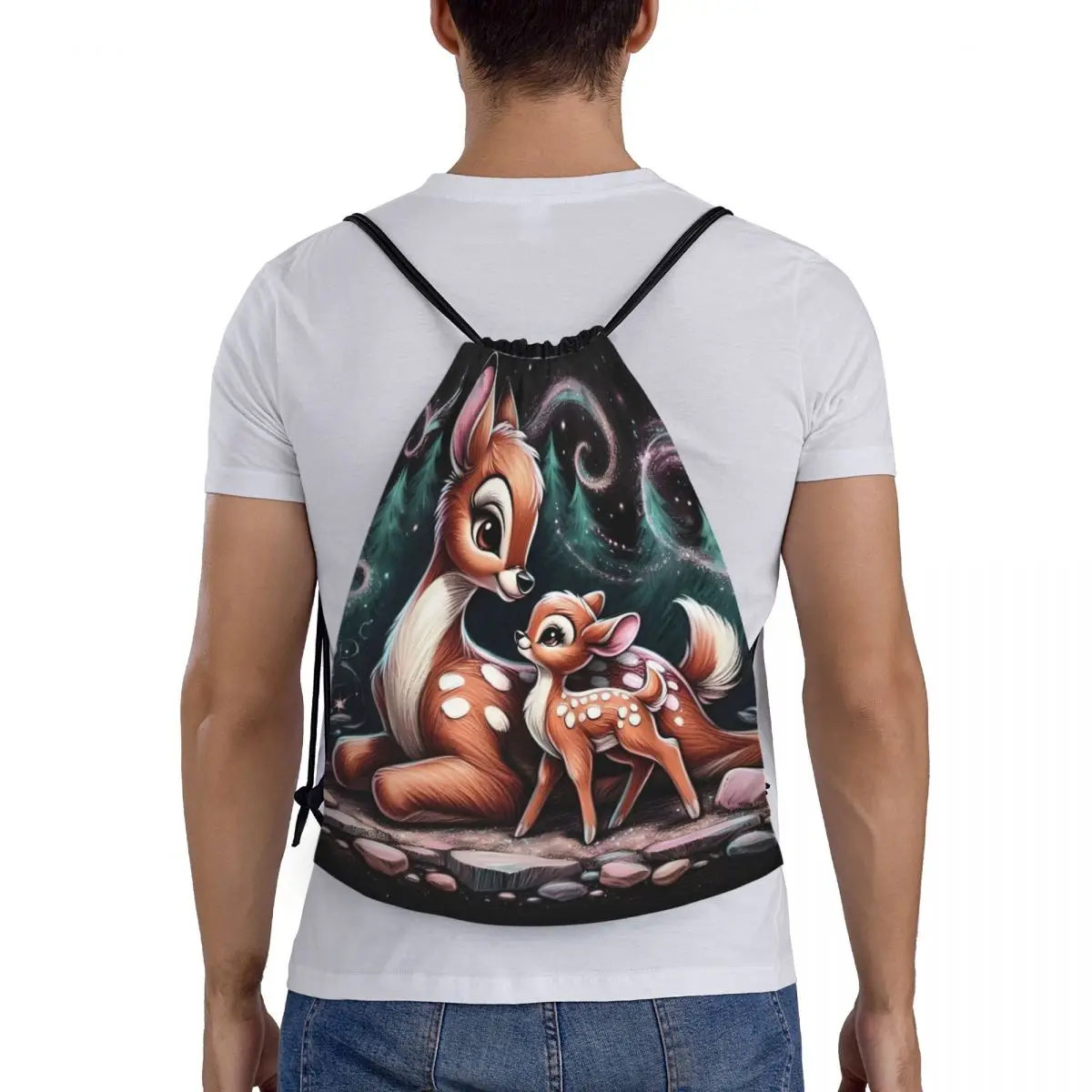 Personalizado anime bambi filme cordão mochila sacos das mulheres dos homens leve dos desenhos animados kawaii ginásio esportes sacos para viajar