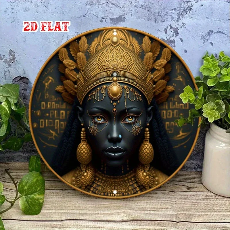 2D Flat 1pc Ornate Jewelry Round Aluminum Sign, Royal Portraits Metal Tin Sign - Luxurious Headdress Rustic Metal Wall Art