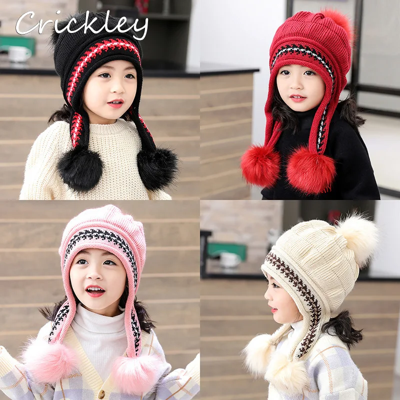 Fashion Winter Cute Pom Pom Boys Girls Hats Ear Flap Muff Windproof Kids Caps Warm Knitted Mum Toddler Children Hats 6 Colors