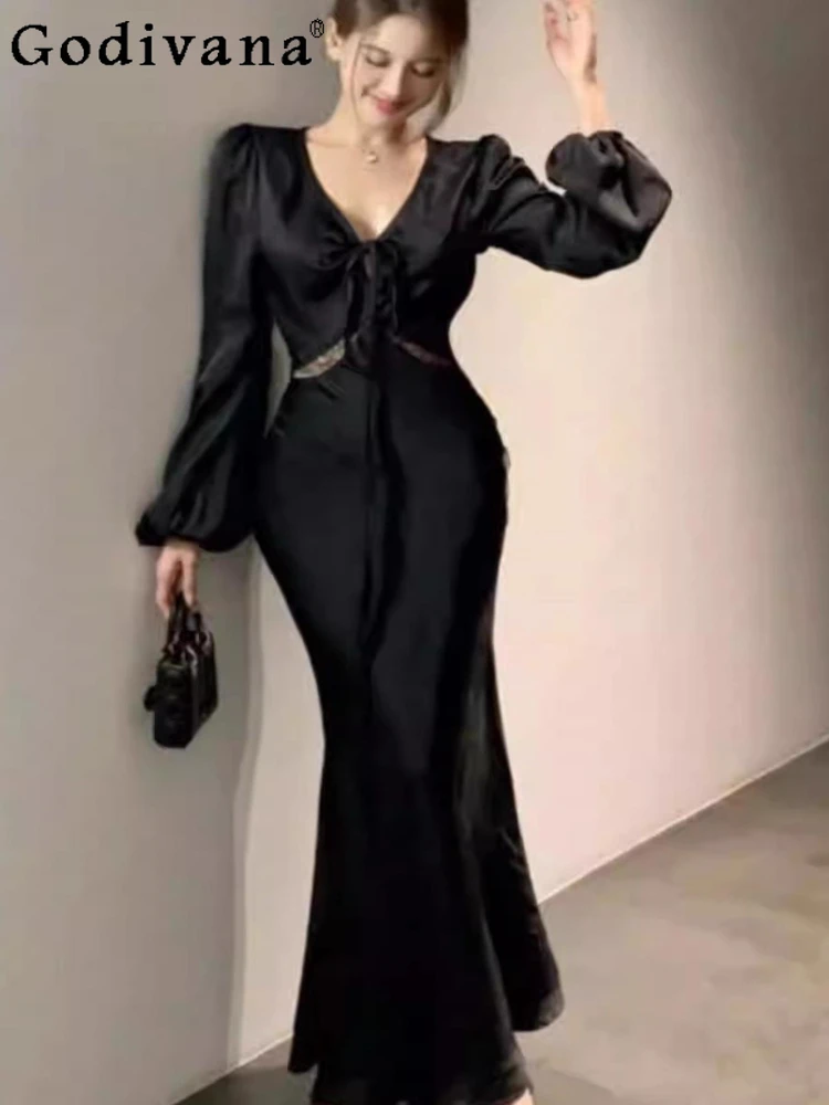 

Large Size L-4XL Elegant Lace Hollow Sexy V-neck Fishtail Dress Women Spring Autumn Black Lace-up Long Sleeve Party Long Dresses