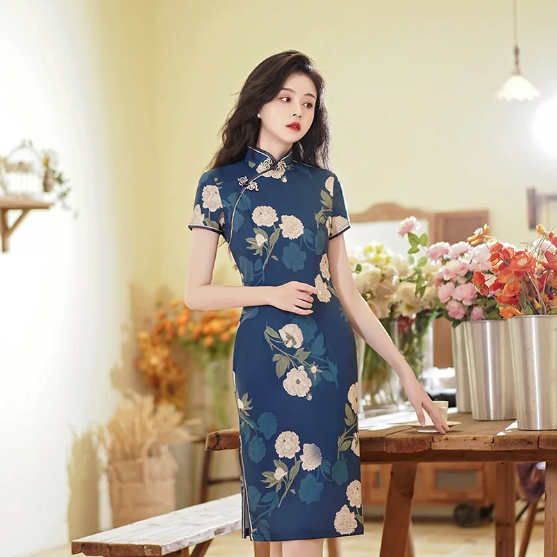 qipao light blue short woman with sleeves flower dressy elegant chic asian style summer fancy modern for wedding guest cheongsam