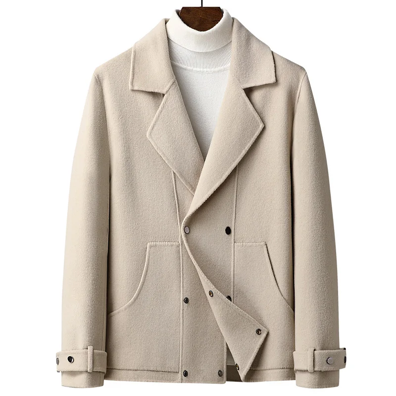 

Мужская двухсторонняя шерстяная куртка, уличная модная однотонная повседневная короткая шерстяная куртка с отложным воротником, Осень-зима