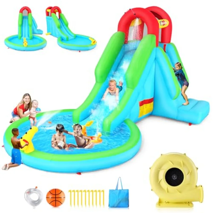 Inflatable Water Slide Bounce House for 3-12 PVC Aqua Blue Heavy-Duty Vinyl with Reinforced Seams Splash Pool Sprinkler System