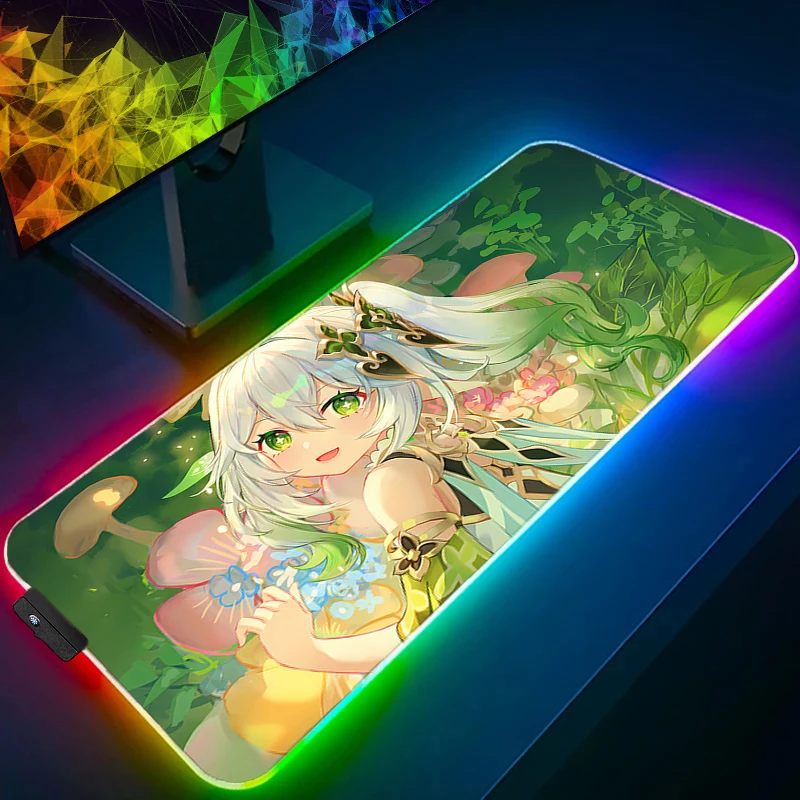 Mouse pad acessórios para jogos rgb computador gamer teclado almofada genshin impacto nahida mesa mouse tapete led pc plantas verdes mousepad