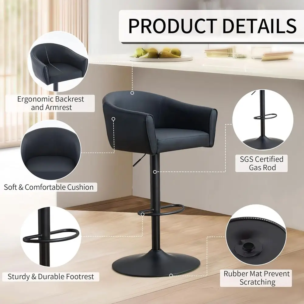 مجموعة من 4 مقاعد بار دوارة مع مسند للظهر ومساند للذراعين، وكراسي جلدية بارتفاع قابل للتعديل، 24-34 للاستخدام في المطبخ والعداد (