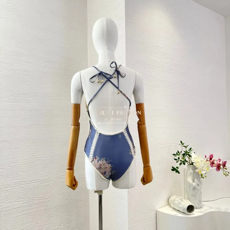 

2025 New Fashion Blue Floral Print Hollow Knit Lace Swimwear