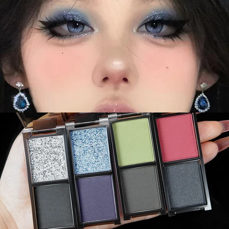 Smoky Glitter Blue Eyeshadow Palette 2-Color Red Black Green Matte Eye Shadow Dark Punk Eyes Pigment Halloween Eyeshadow Makeup