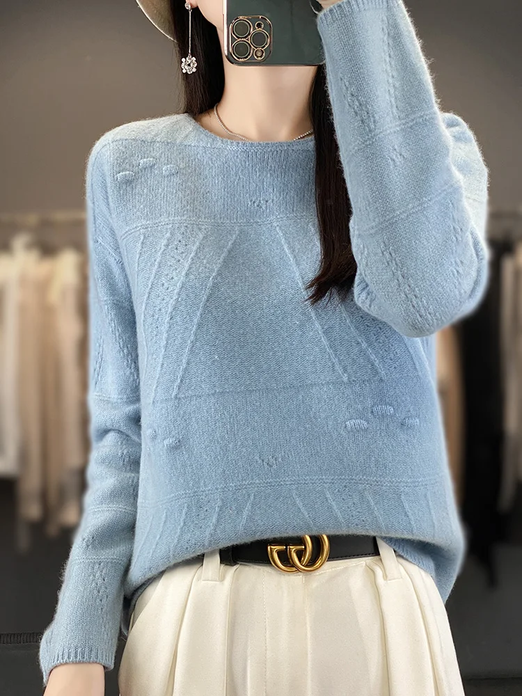 New Chic Women Sweater Autumn Winter Office Lady O-neck Pullover 100% Merino Wool Long Sleeve Cashmere Knitwear Female Clothing