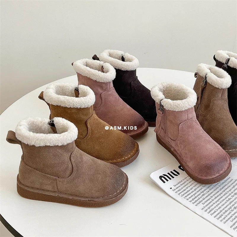 Children Winter Snow Boots Warm Fur Lined Fleece Short Ankle Booties Anti Slip Outdoor Side Zipper Suede Flat Shoes