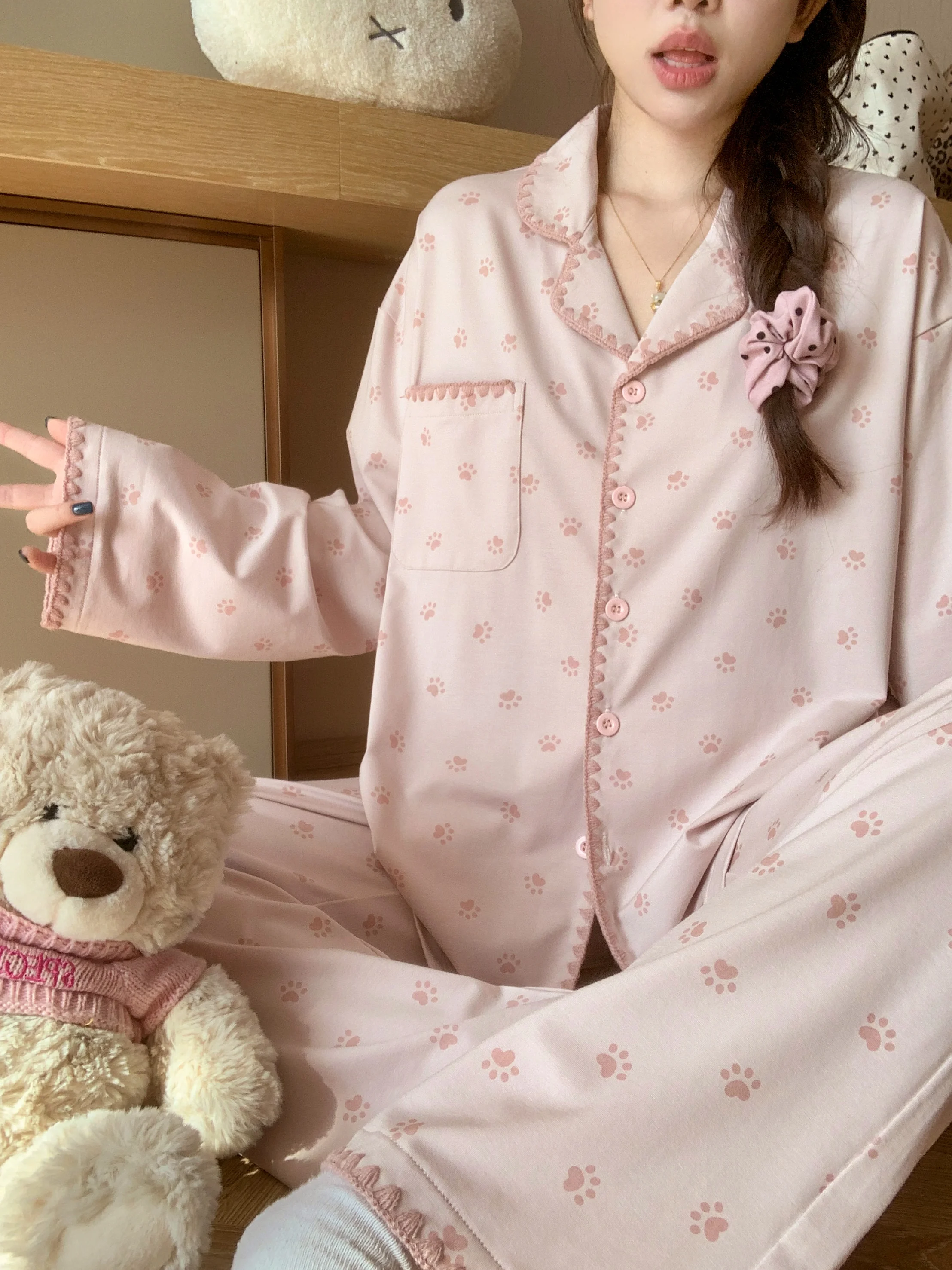 

Sweet Floral Print Cotton Pajamas Set for Girls 100% Pure Cotton Home Clothes Spring Autumn Comfortable Loose Fit Sleepwear