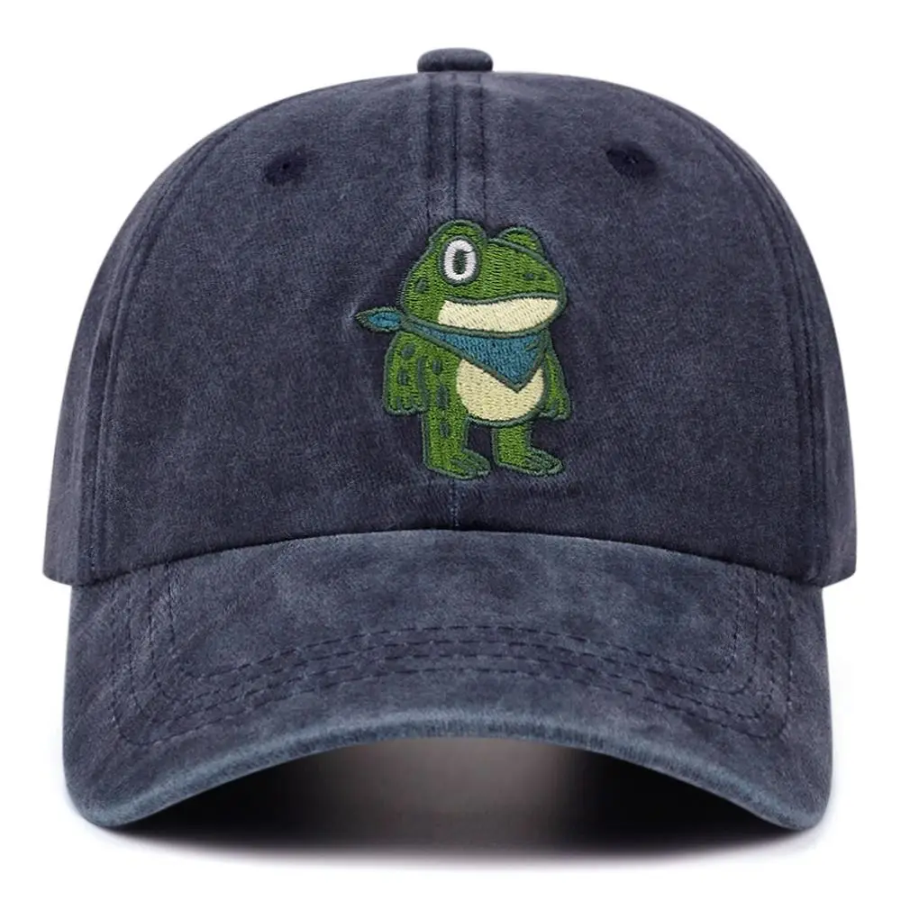 Stylish Vintage Washed Cotton Baseball Cap Retro Sun Protection Adjustable Duckbill Cap Frog Embroidery Dad Hat For Men Women