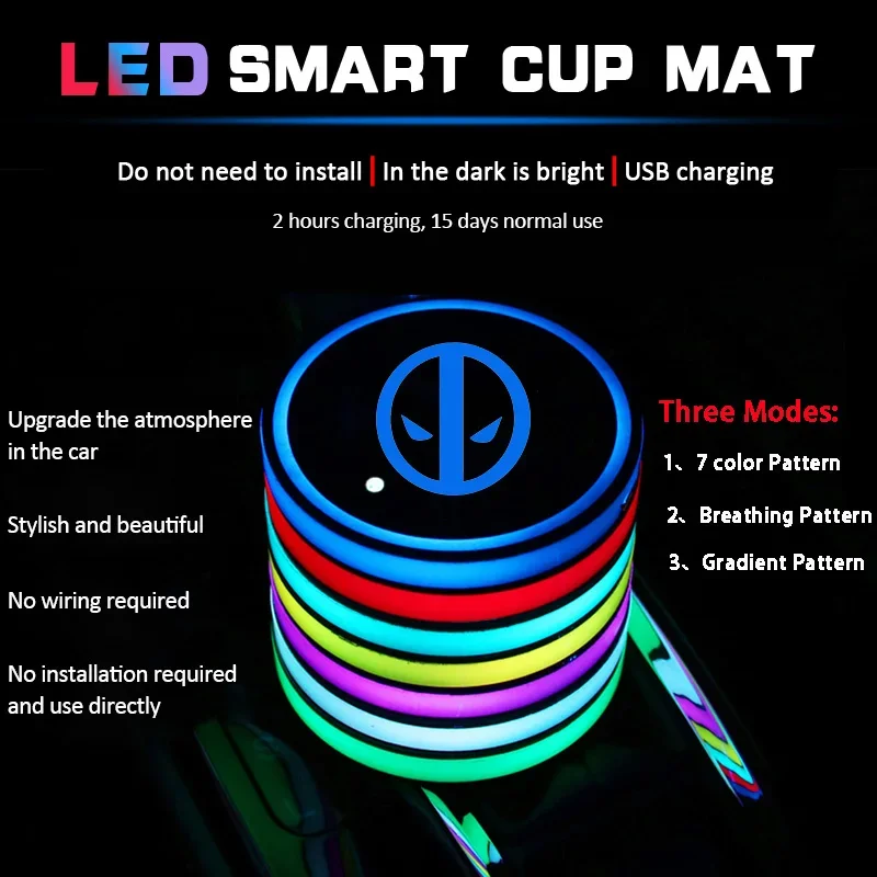 2pcs Deadpool Colorful LED Car Coaster Light Luminous Water Cup Mat for Honda Hyundai KIA Volvo Suzuki Skoda Fiat Cadillac VW - view 4