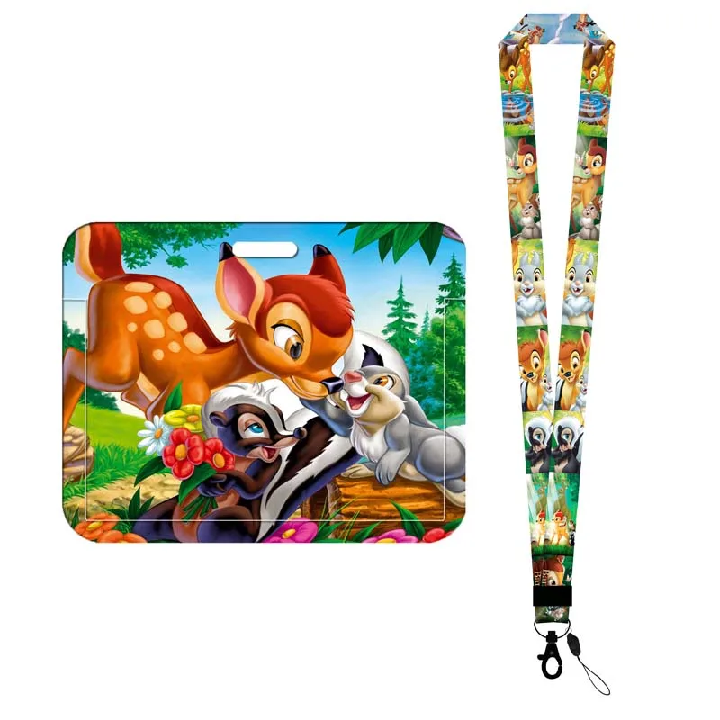 Disney Bambi Girls Boys Badge Holder Slide Cover Student Card Case Hanging Rope Employee Case Lanyard ID Name Card Holder