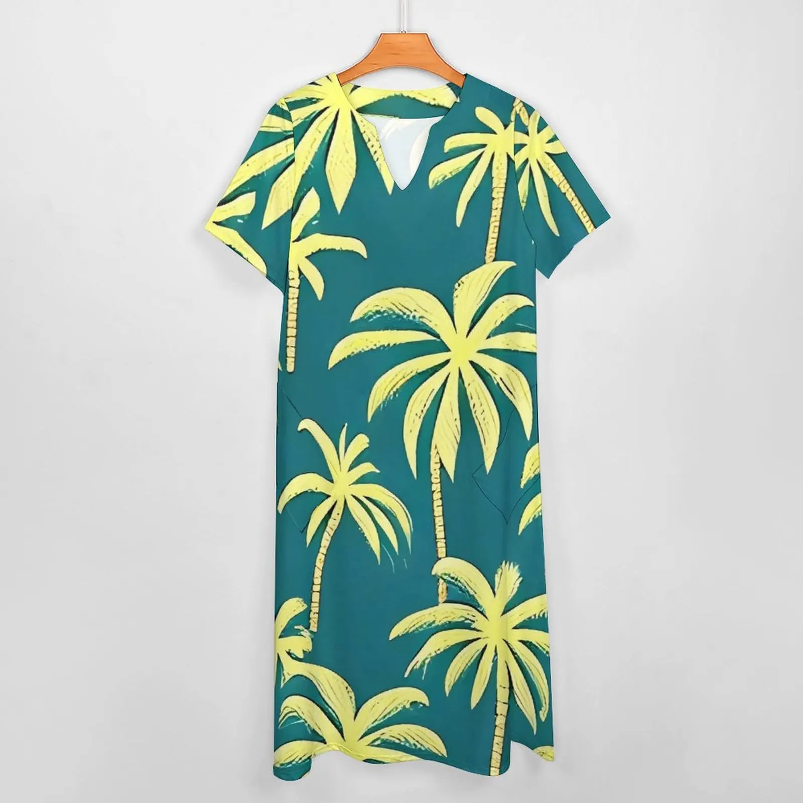 Tropical Palm Trees Print Dress  Trendy Maxi Dress Street Fashion Boho Beach Long Dresses Summer V Neck Pattern Clothes Big Size