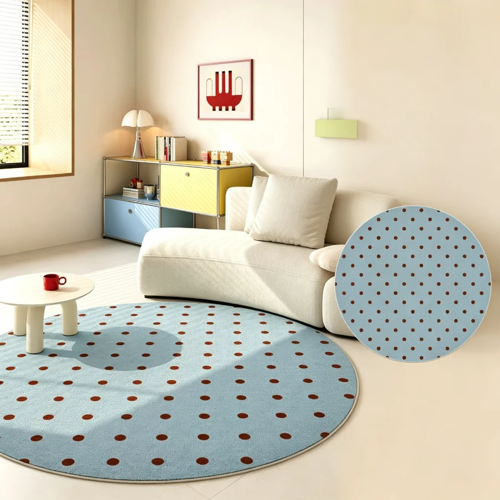 VIKAMA Tangerine White Band Azure Dot Pattern Round Carpet Playful Playroom Styling Bold Colorful Silken Warm Tough Keepsake