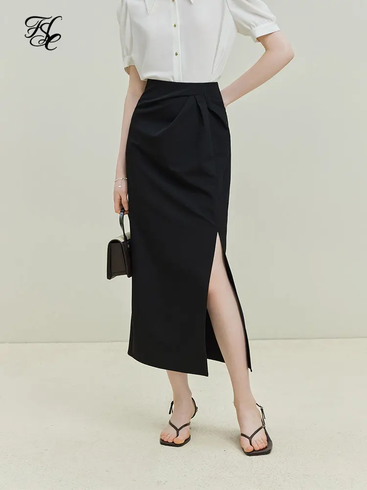 

FSLE Women French Style A-LINE High Waist Skirts 2023 Solid Temperament Slit Female Long Skirt Office Lady Summer Mid-Calf Skirt