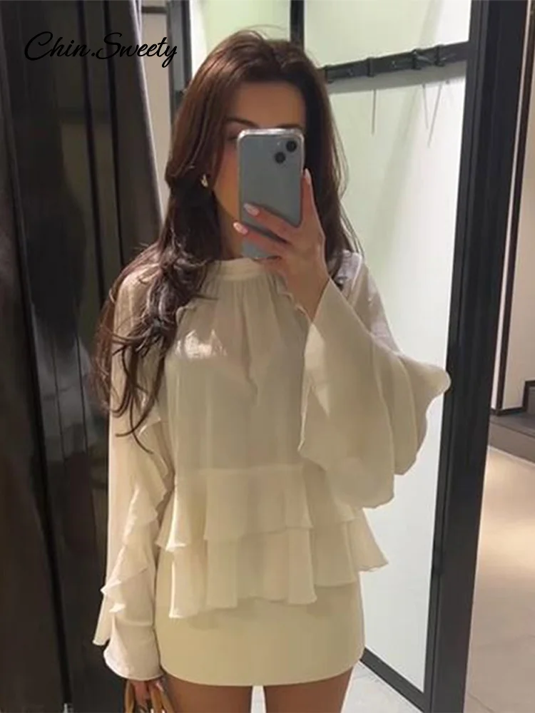 

White Loose Flounce Blouses Women Fashion Long Sleeve O-neck Gauze Shirts Female 2025 Spring Summer Lady Street All-match Tops