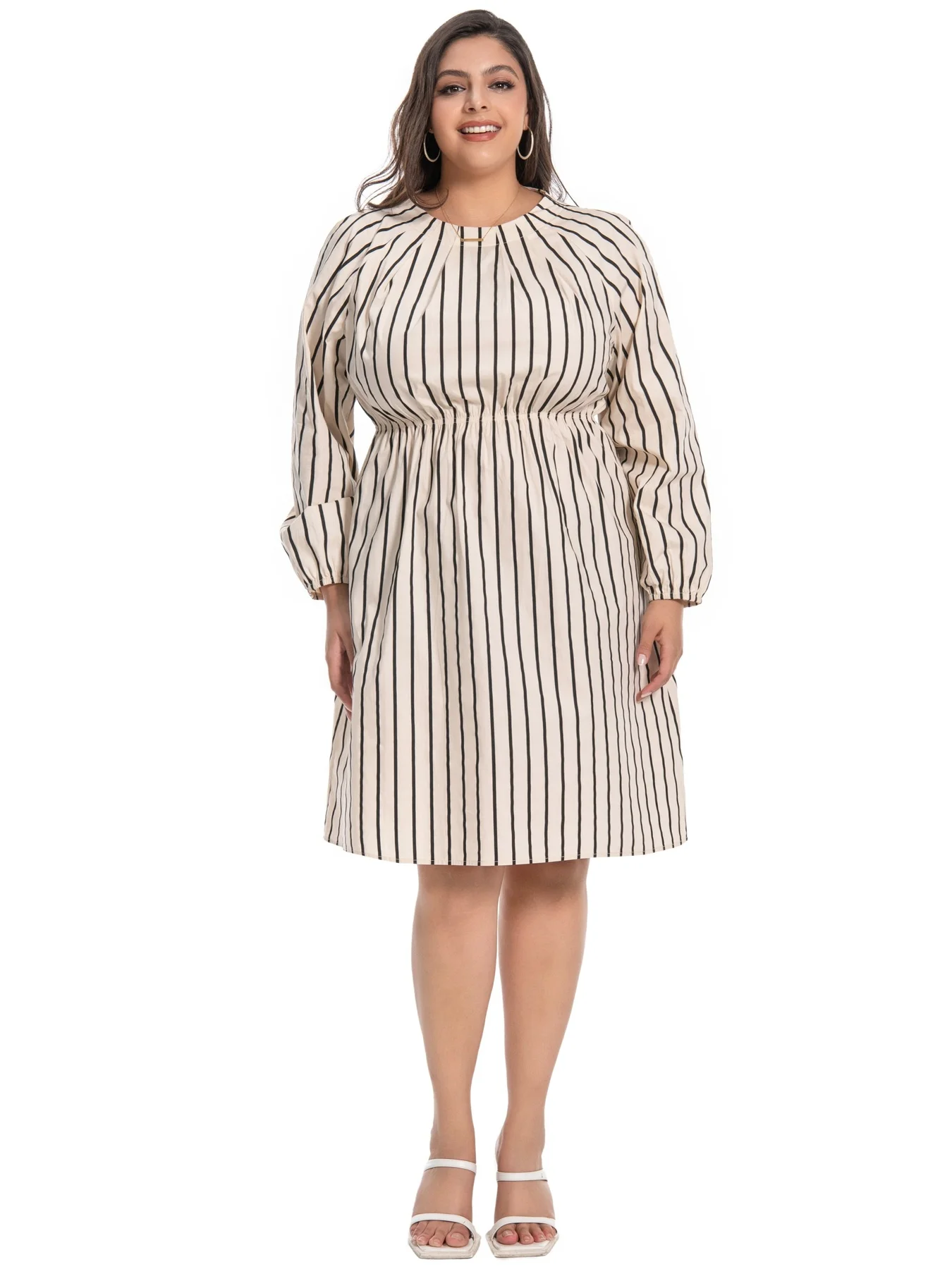 Sukienka koszulowa w paski plus size damska z długim rękawem, midi, z paskiem, do pracy biurowej, darmowa wysyłka