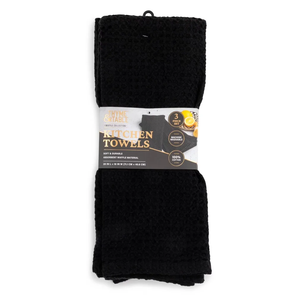 Cotton Waffle Kitchen Towels 3-Piece Set, Highly Absorbent Durable Dish Cloths, Black, Soft and Quick Dry for Kitchen Cleaning