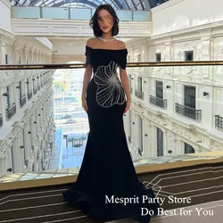 Black Prom Dress Customized Off Shoulder Boat Neck Beading Sequined Mermaid Party Gown Sweep Train Saudi Arabian Evening Dresses