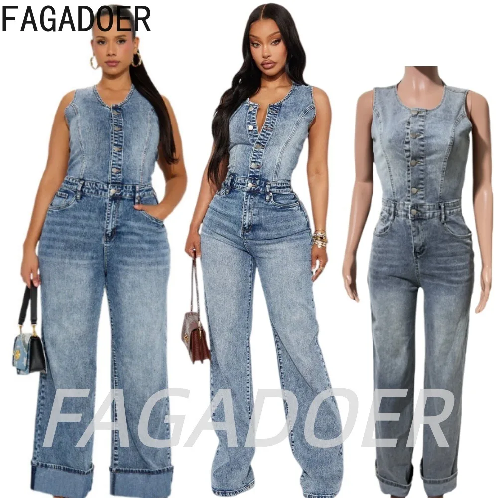 FAGADOER Streetwear Denim Jumpsuits Women Washed Sleveless Wide-leg Denim Romper Summer Fashion Stretchy Jean Playsuits New 2026