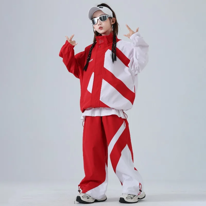Kids Hip Hop Windbreaker Jacket Jogger Pants Set Boys Girls Block Streetwear Jazz Kpop Stage Dance Performance Costume Outfit