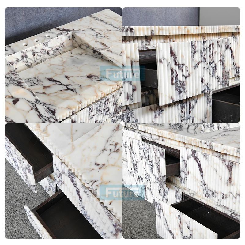 Natrual Wall-mounted Calacatta Viola Marble Bathroom Vanity with Sink and 8 Cabinet for Villa Apartment Bathroom Furniture
