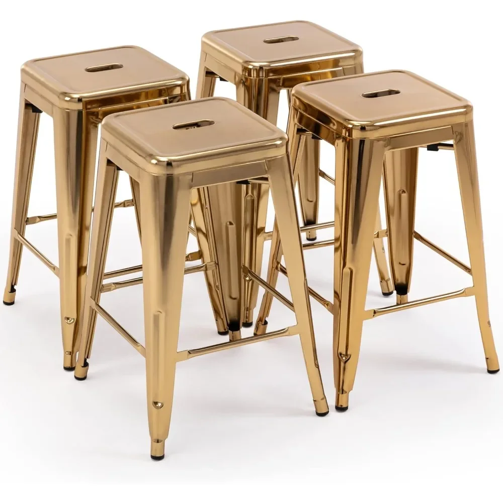 24 Inch Bar Stools Backless Metal Barstools Indoor-Outdoor Counter Height Stools with Square Seat, Set of 4 (Gold)