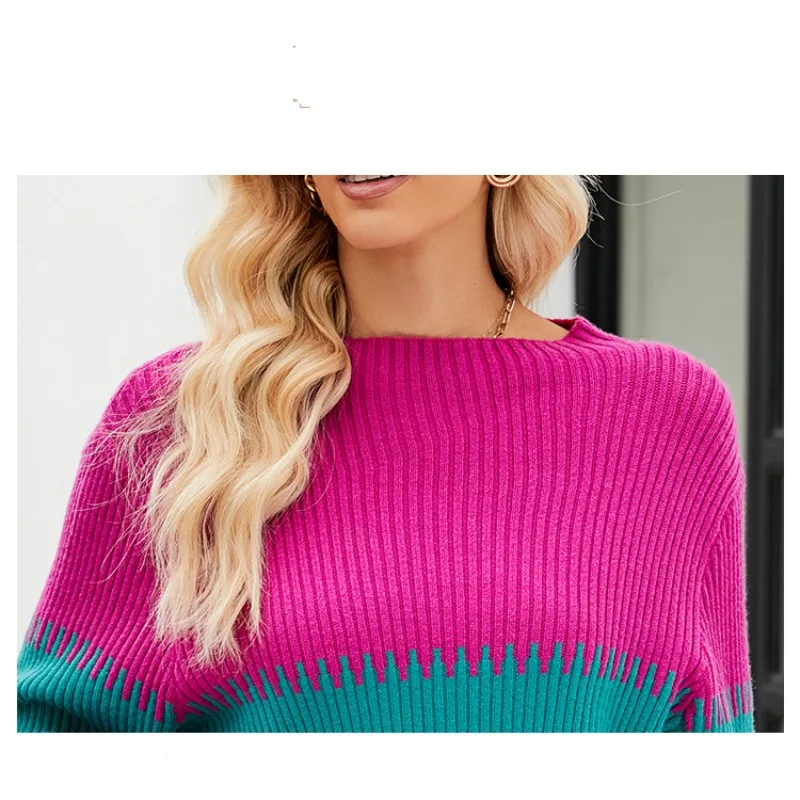 Autumn and Winter Women's Pullover Half High Collar Contrast Screw Thread Patchwork Long Sleeve Sweater Knitted Bottom Tops