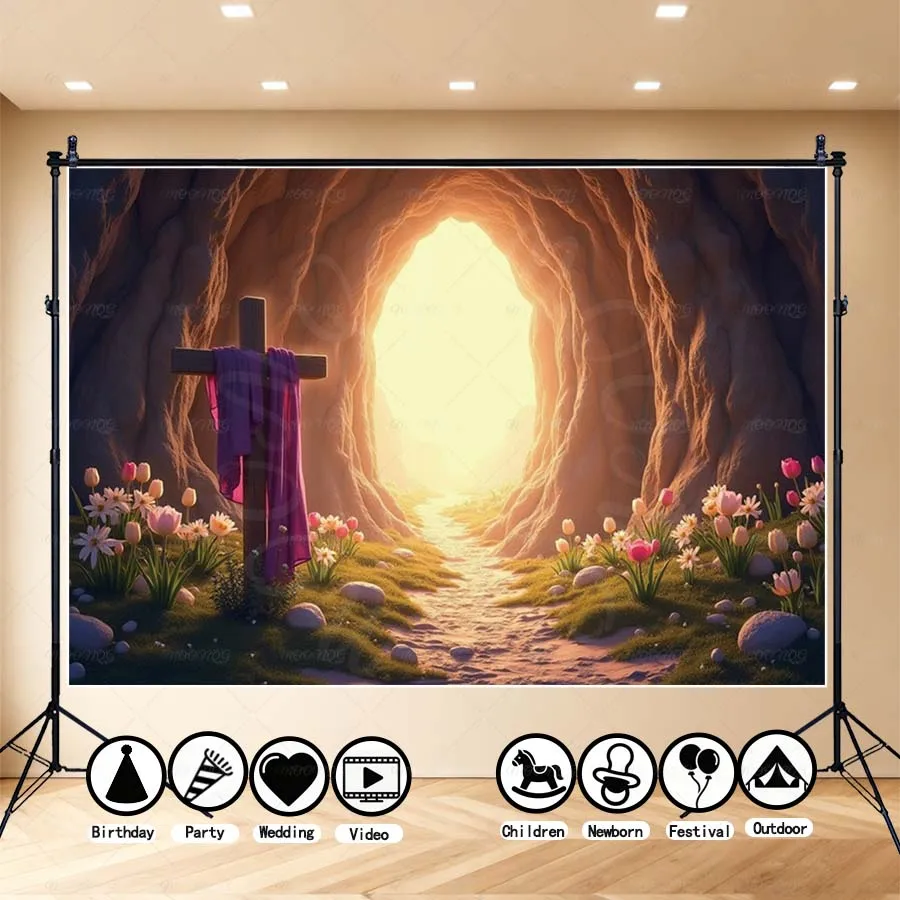 

MOON.QG Easter Day Light Arch Tulip Flower Photography Backdrop Cross Cave Glow Scene Photo Background For Easter Church Decor