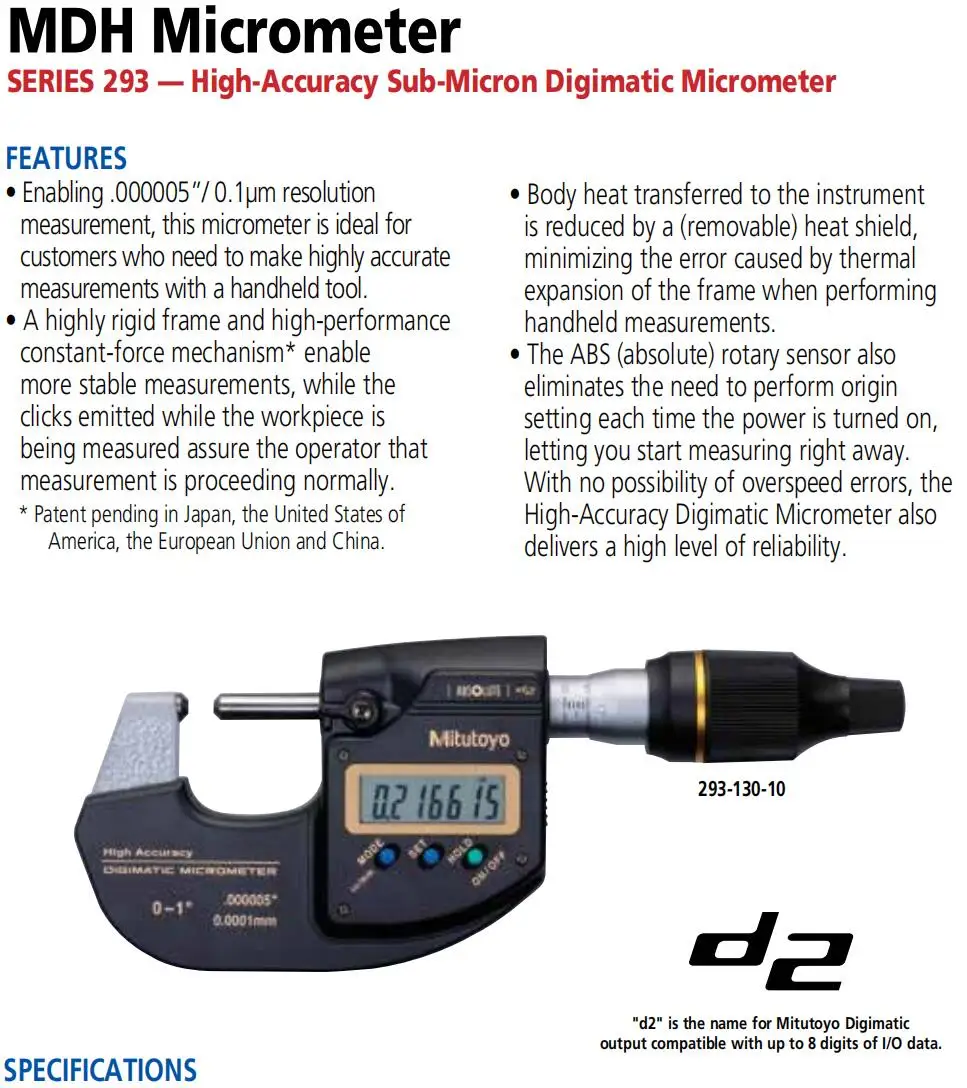 Mitutoyo 293-100-20 MDH-25MC range 0-25mm resolution 0.1um High-Accuracy Sub-Micron Digimatic Micrometer