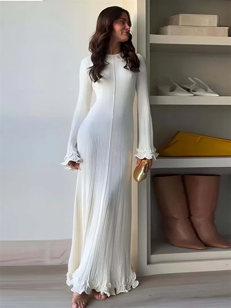 

Knitwear Lace-Up Ruffled Long Dress For Women Patchwork Ribbed Loose Fashion Bandage Elegant Dress Female Knit Maxi Dress