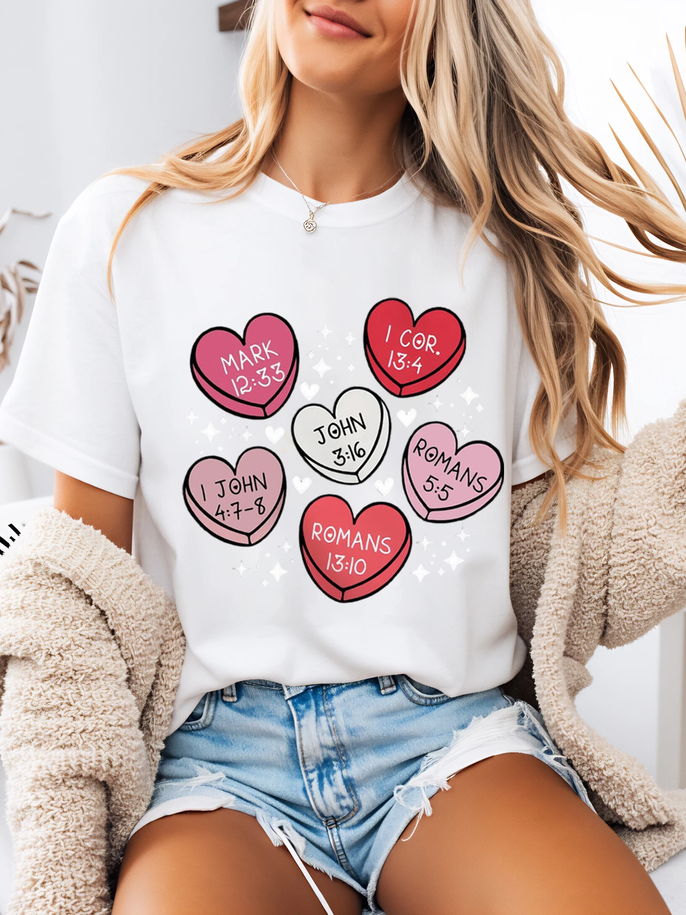 Koszulka damska z nadrukiem wersów biblijnych o sercu na Walentynki, codzienna odzież na wyjścia, biała, plus size