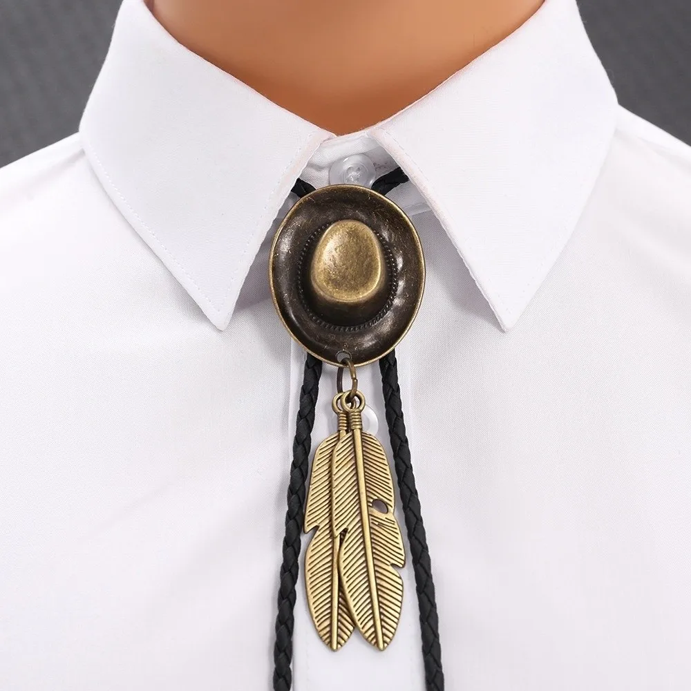Novelty Vintage Western Cowboy Hat Necklace Leather Rope Adjustable Long Pendant Chain Unisex Alloy Metal Feather Necktie Party