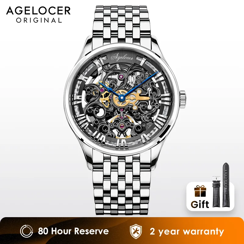 AGELOCER Original Baroque Art Carved Watch Steel Strap Men\'s Hollow Carved Automatic Mechanical Watch Birthday Gift for Men