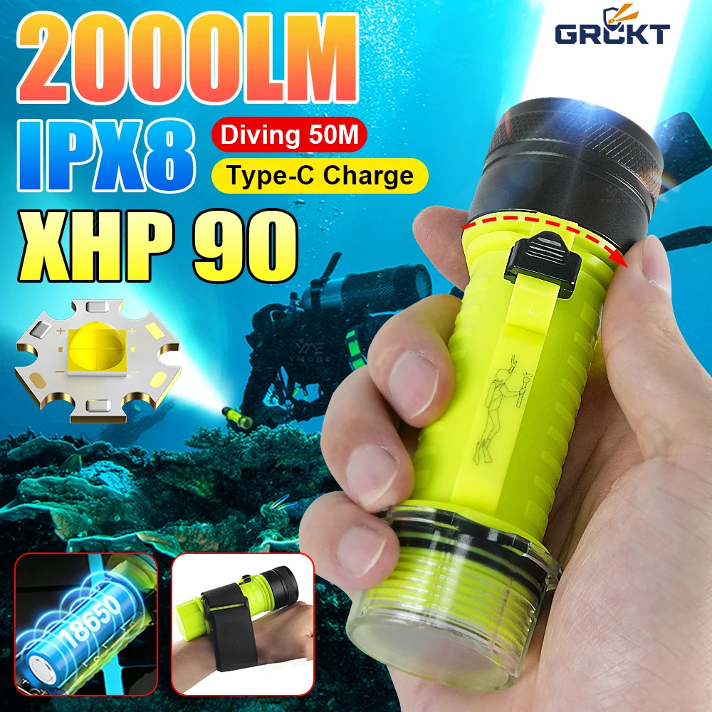 Underwater Flashlight - Neue XHP90-Tauchlampe, Unterwasser-Taschenlampe mit 2000 lm,