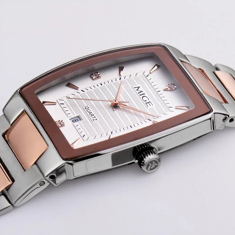 MIGE Square Mens Watch Two-tone Metal Bracelet Diamond Date Dial Quartz Wrist Watch for Men Business