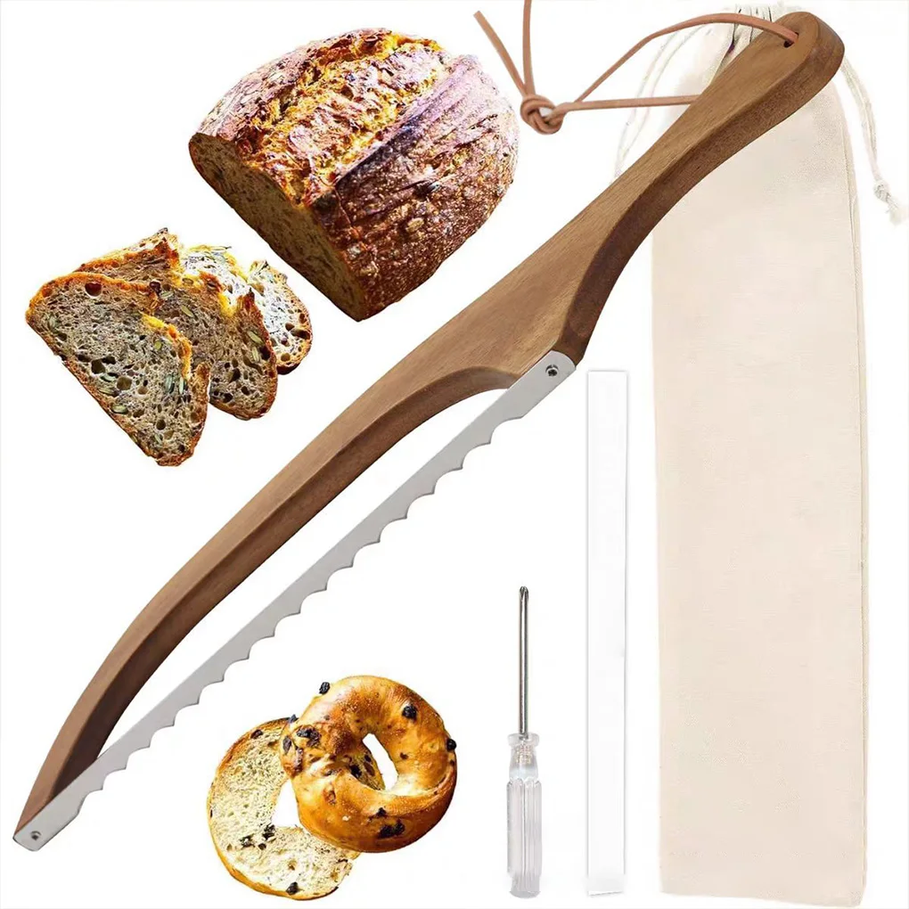 

Wooden Bread Knife Slicer Premium Stainless Steel Serrated Saw Bread Cutter for Homemade Bread Bagels Baguettes Serrated Knife