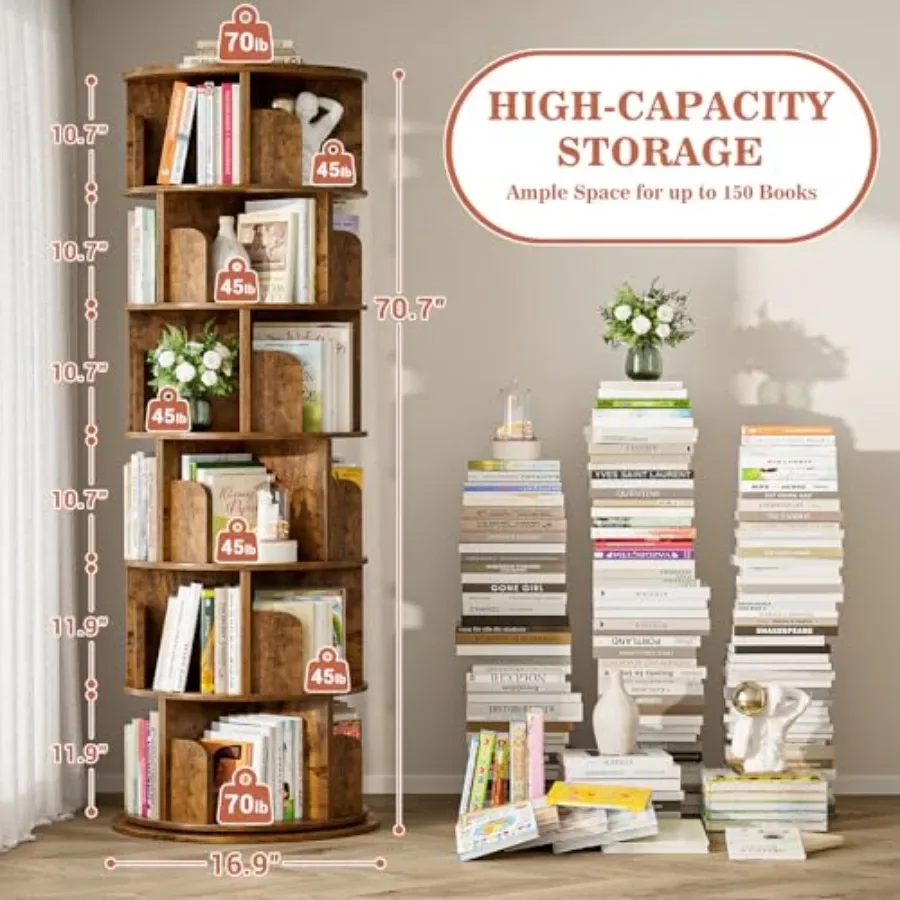 6 Tier Wood Rotating Bookshelf for Living Room, Natural Wood, 360 Spinning Book Shelf Tower with Sturdy Construction and Smooth