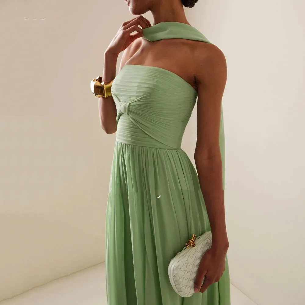 customized Green Strapless Pleat A-LINE 2025Slim Backless Chiffon Ocassion Gown Floor-Length Evening Dressفستان سهرة نسائيCL-765