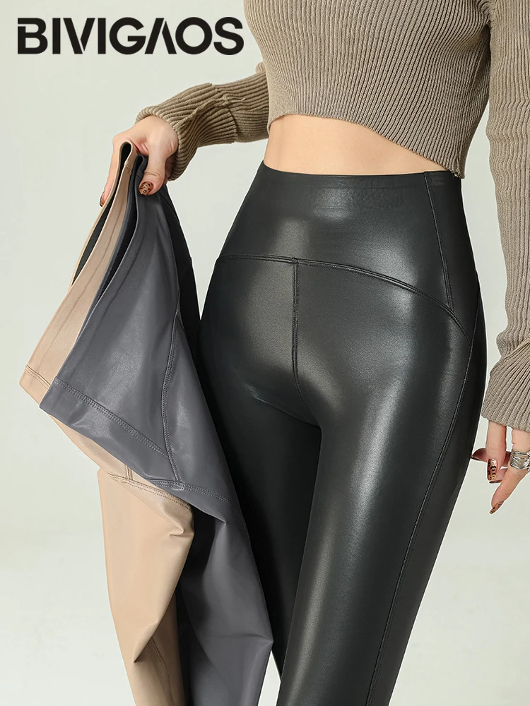 BIVIIncome OS-Leggings en similicuir PU pour femme, taille haute, levage des hanches, serré, sexy, chaud, sourire de haute qualité, automne, hiver,