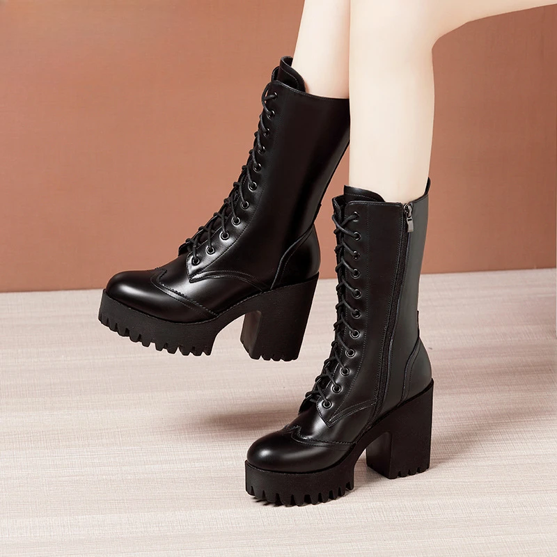 

Black 8cm/10cm Thick Heel Cross Strap Martin Boots for Women's Autumn Winter New British Style Plush Mid Length Boots Size32-43