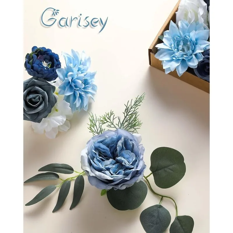Künstliche Blumen Combo Box Set Staubige blaue Blumen für DIY Hochzeitsstrauß Arrangements Brautparty Party Heimdekorationen (Wh