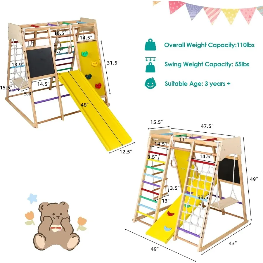 Giocattoli da arrampicata in legno per bambini 10 in 1, palestra nella giungla per bambini con tavolo da disegno, scivolo, arrampicata su roccia e rete, scala, barre scimmie, altalena, G