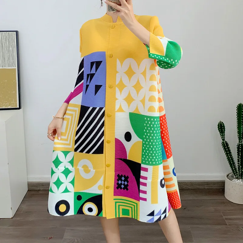 

Miyake Pleated Dress 2023 Loose Standing Collar Print Fashion Age Reducing Westernized Coat Medium Length Summer Dress Women