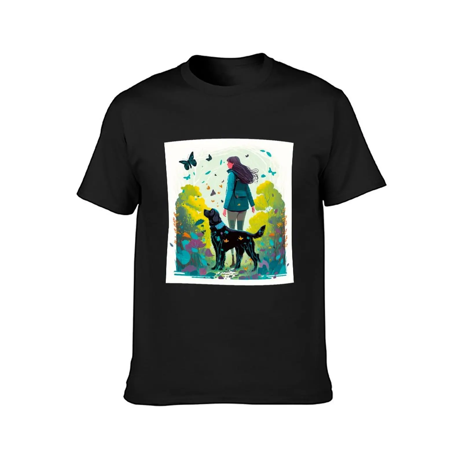 Dog Walking in Spring Contemporary Illustration T-Shirt aesthetic clothes sublime T-shirts for men cotton