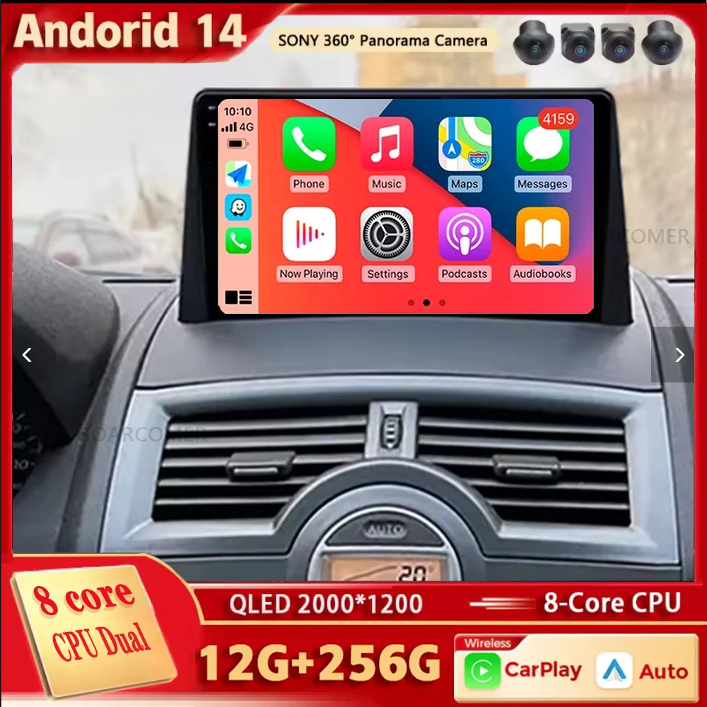 Android 14 For Renault Megane 2 2002-2009 2K QLED Android Car Radio Multimedia Video Player GPS Stereo CarPlay 4G Navigationv BT