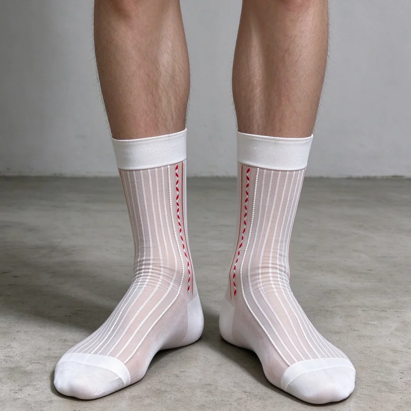 Men Ultra Thin Sheer Nylon Mid Calf Socks Vintage White Jacquard Vertical Striped Formal Business Dress Socks, Breathable Summer