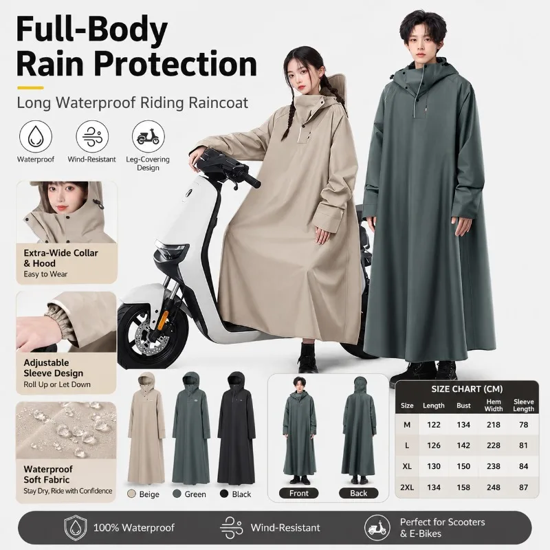 

Unisex Long Waterproof Riding Raincoat Hooded Scooter Rain Poncho Full Coverage Windproof Rain Cape