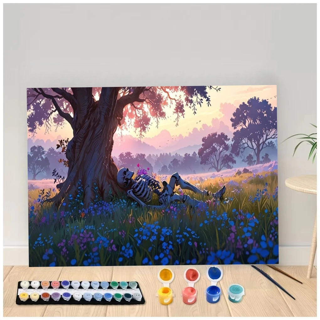 Skeleton Resting Under Tree Landscape Oil Painting By Number DIY Wall Decor Canvas Art for Game Room or Living Room Gift